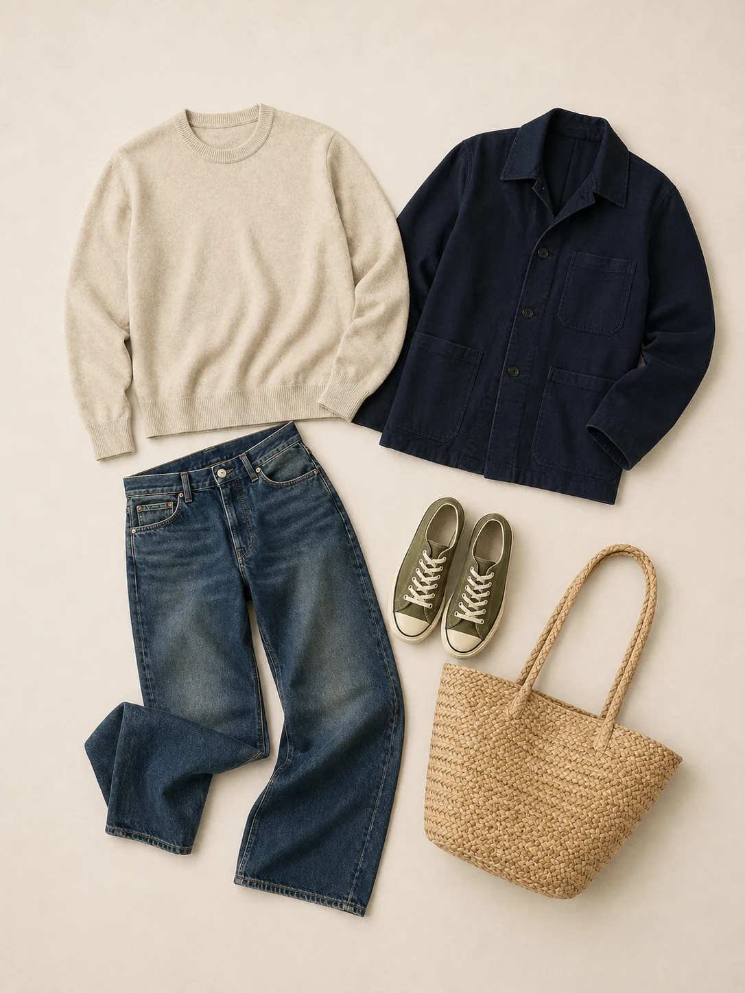 Composition 04 flat lay with oatmeal sweater, faded indigo jeans, olive sneakers, navy chore jacket, and straw tote
