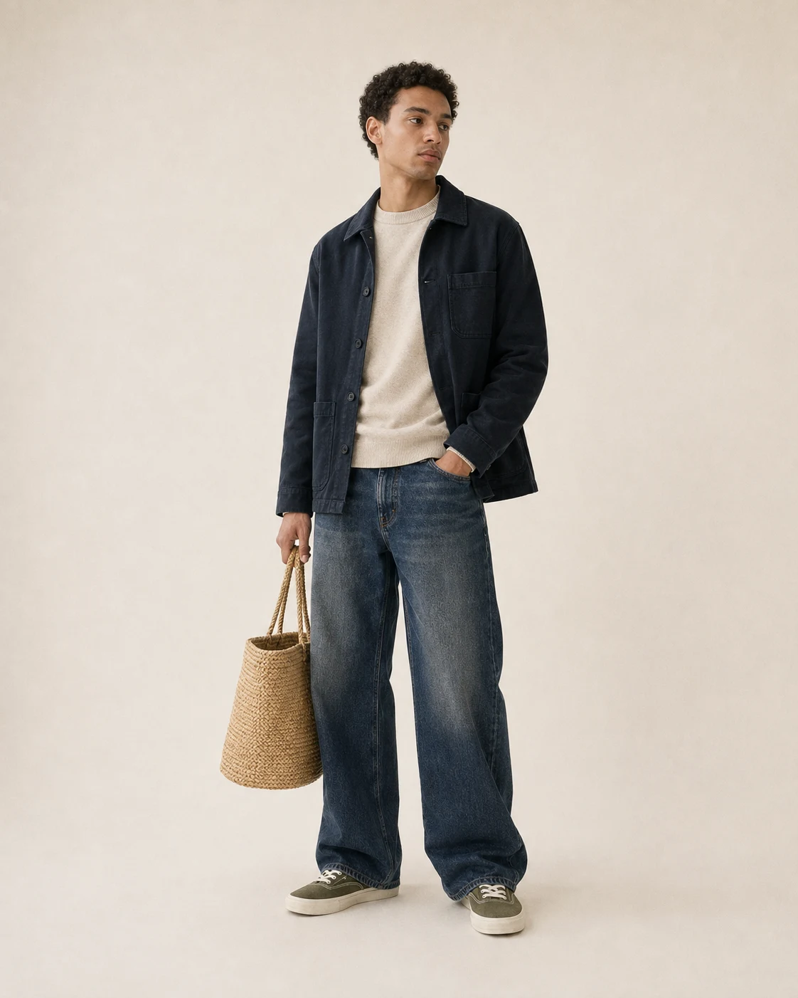 Composition 04 worn with oatmeal sweater, faded indigo jeans, olive sneakers, navy chore jacket, and straw tote