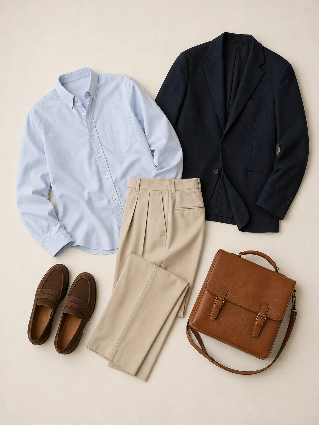 Composition 05 flat lay with blue oxford shirt, beige trousers, brown loafers, navy blazer, and tan satchel