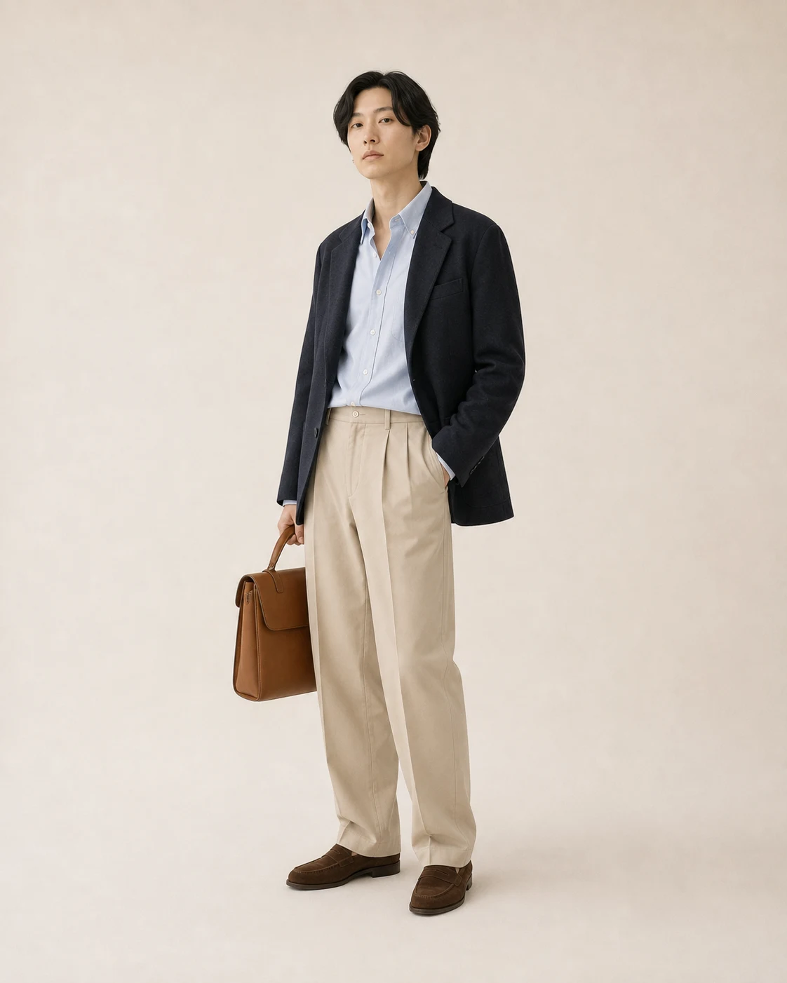 Composition 05 worn with blue oxford shirt, beige trousers, brown loafers, navy blazer, and tan satchel