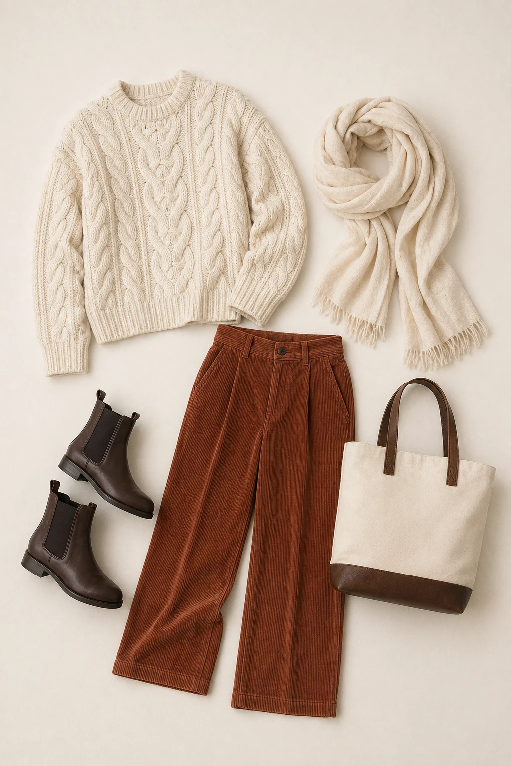 Composition 06 flat lay with cream cable-knit sweater, rust corduroy trousers, brown boots, cream scarf, and canvas tote