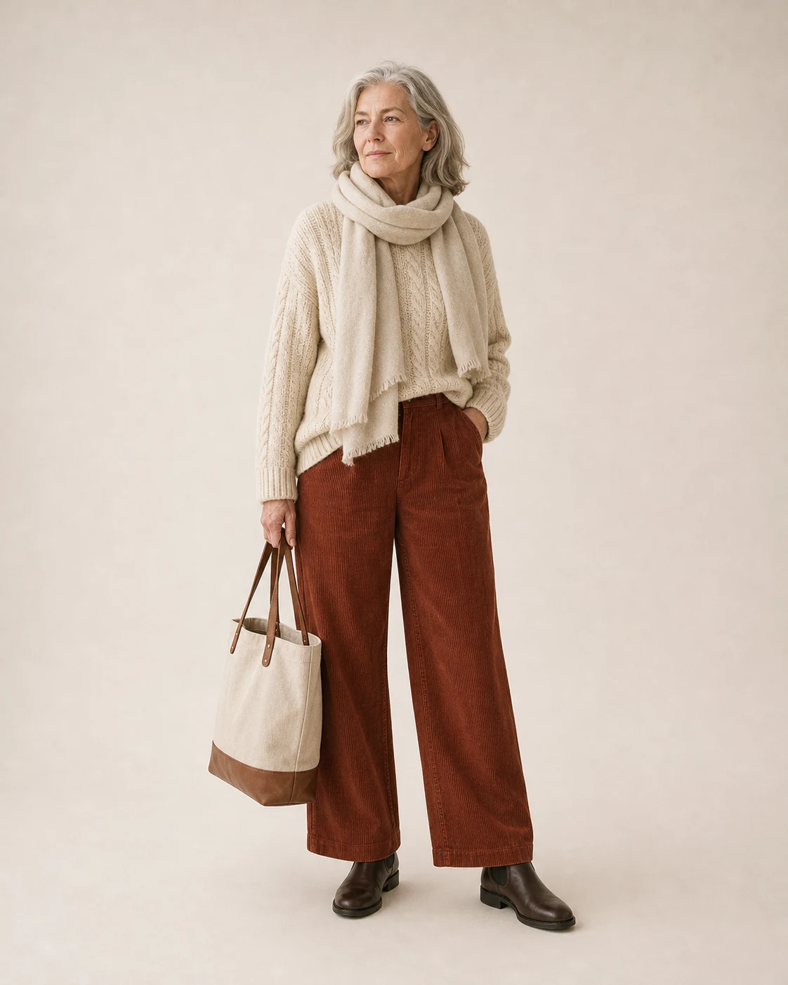 Composition 06 worn with cream cable-knit sweater, rust corduroy trousers, brown boots, cream scarf, and canvas tote