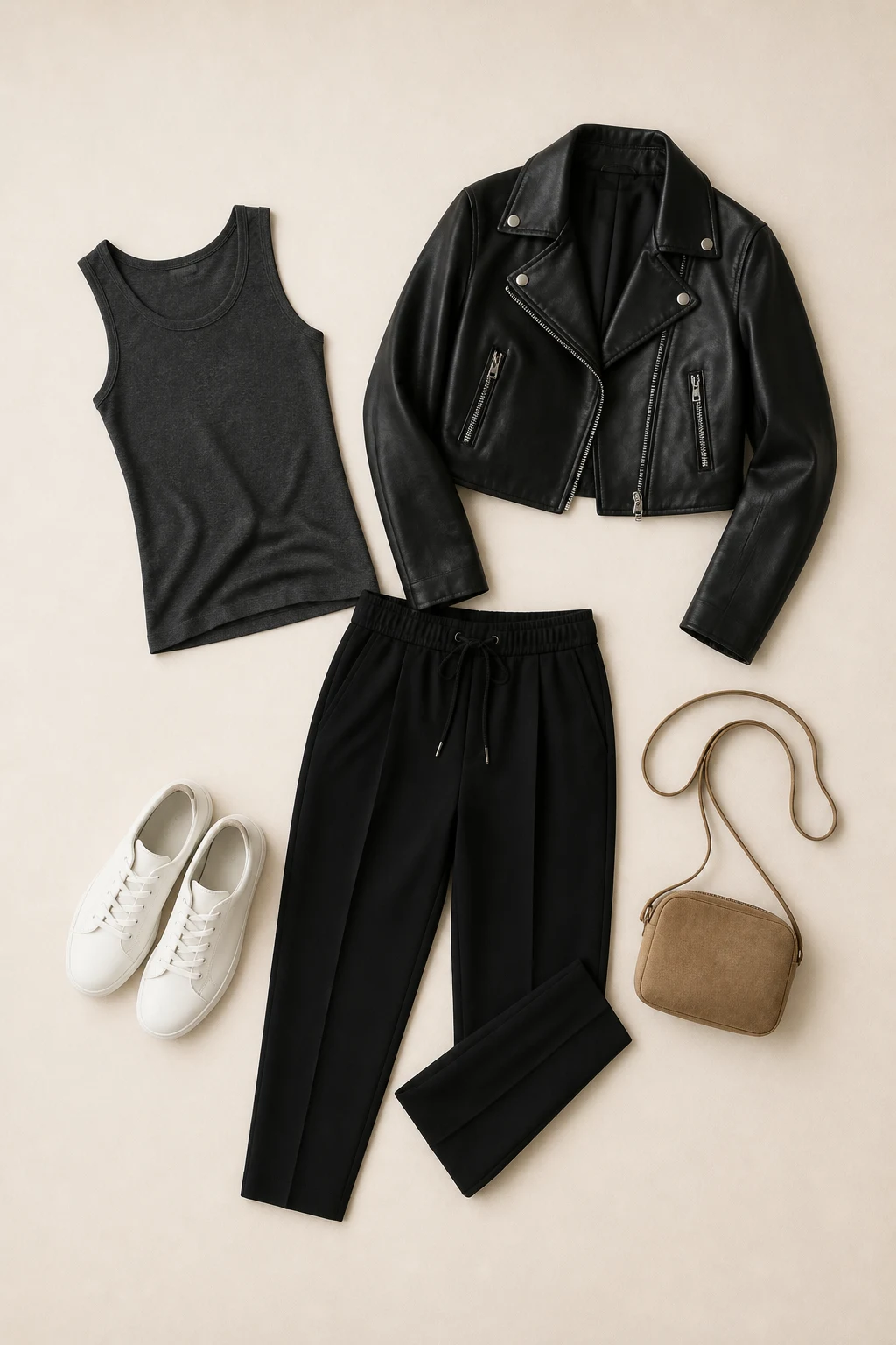 Composition 07 flat lay with charcoal tank, black drawstring trousers, white sneakers, black biker jacket, and tan crossbody