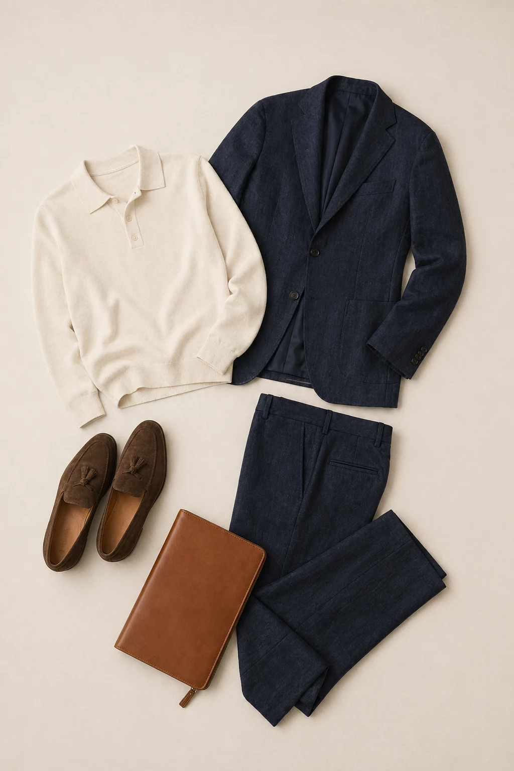 Composition 08 flat lay with navy linen suit, cream knit polo, brown tassel loafers, and tan portfolio