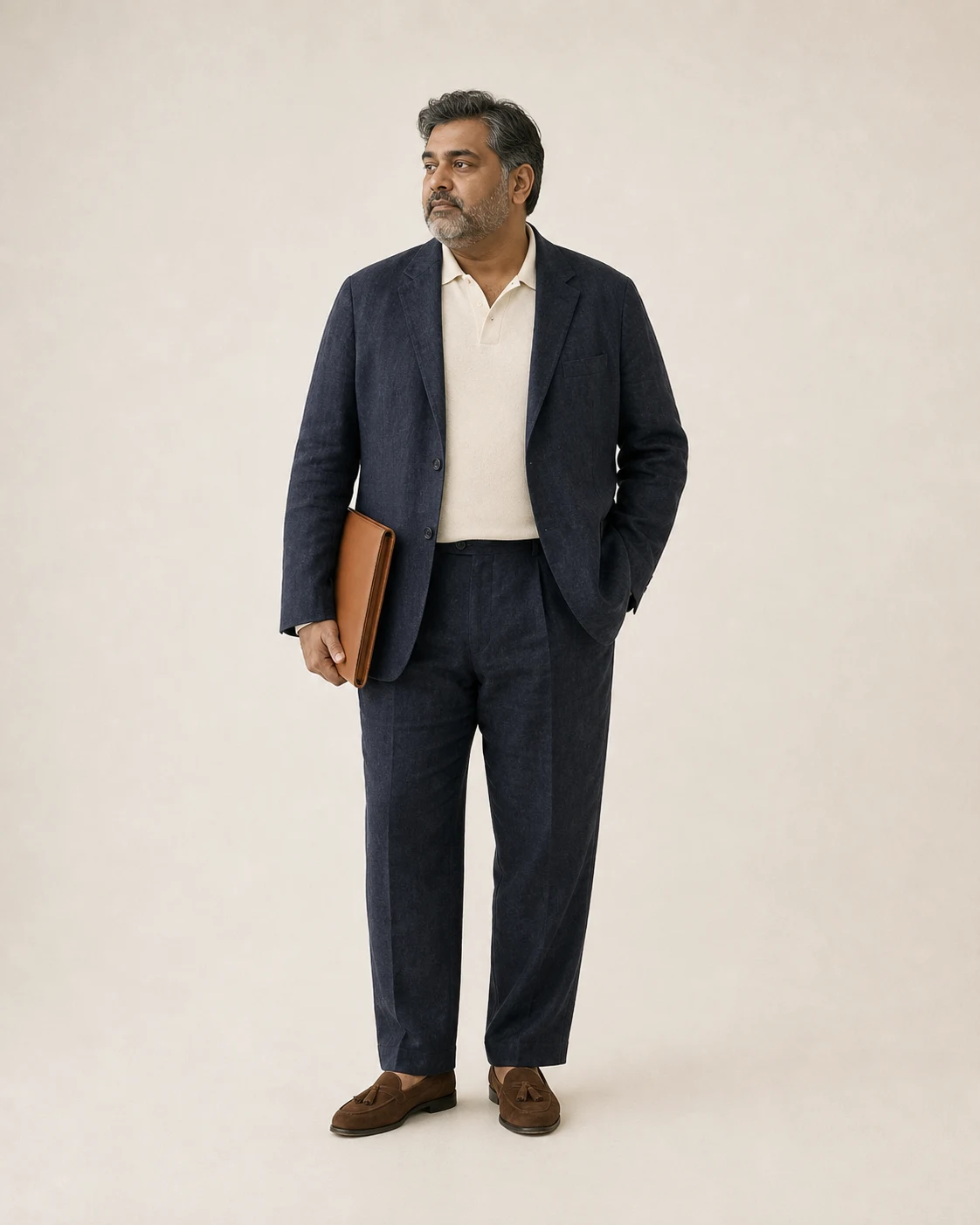 Composition 08 worn with navy linen suit, cream knit polo, brown tassel loafers, and tan portfolio