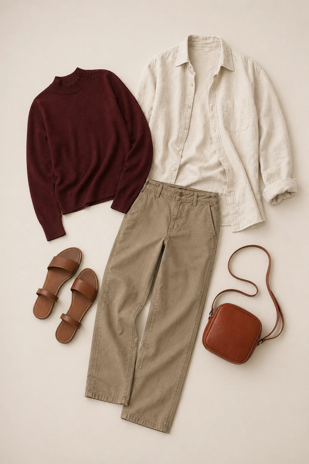 Composition 09 flat lay with burgundy mock-neck, khaki trousers, brown sandals, rust crossbody, and cream linen overshirt