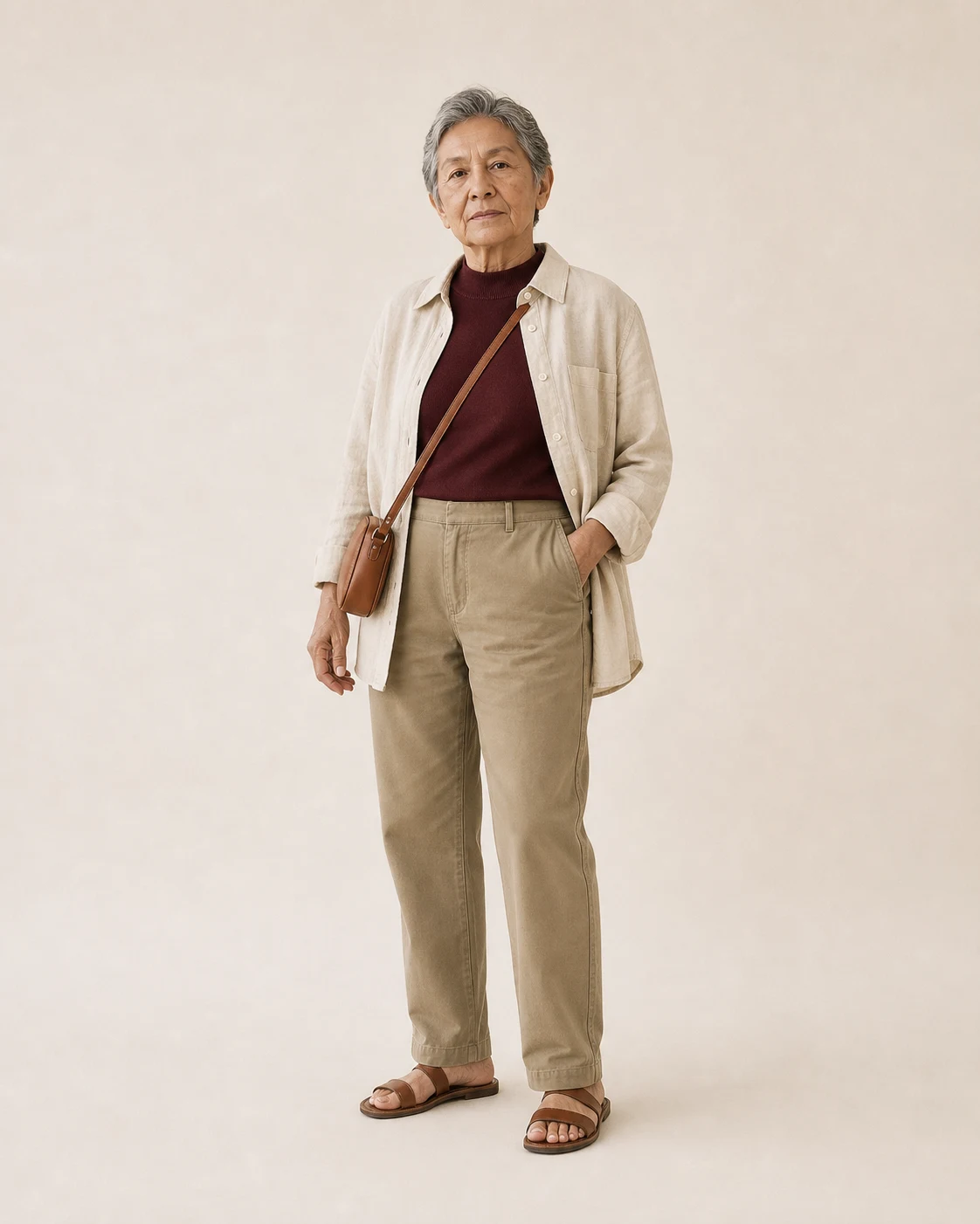 Composition 09 worn with burgundy mock-neck, khaki trousers, brown sandals, rust crossbody, and cream linen overshirt