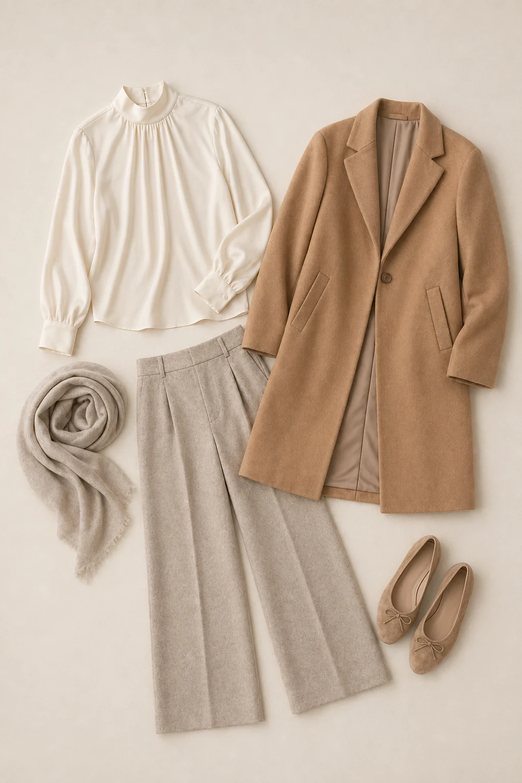 Composition 10 flat lay with cream silk blouse, oatmeal trousers, oatmeal hijab, camel coat, and nude ballet flats