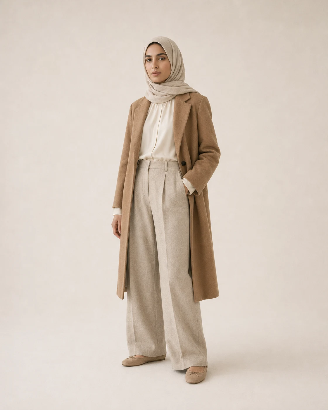 Composition 10 worn with cream silk blouse, oatmeal trousers, oatmeal hijab, camel coat, and nude ballet flats